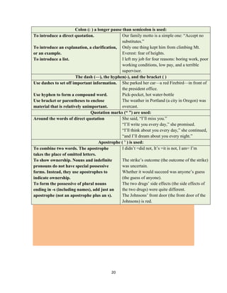 20
Colon (: ) a longer pause than semicolon is used:
To introduce a direct quotation.
To introduce an explanation, a clarification,
or an example.
To introduce a list.
Our family motto is a simple one: ―Accept no
substitutes.‖
Only one thing kept him from climbing Mt.
Everest: fear of heights.
I left my job for four reasons: boring work, poor
working conditions, low pay, and a terrible
supervisor.
The dash (—), the hyphen(-), and the bracket ( )
Use dashes to set off important information.
Use hyphen to form a compound word.
Use bracket or parentheses to enclose
material that is relatively unimportant.
She parked her car—a red Firebird—in front of
the president office.
Pick-pocket, hot water-bottle
The weather in Portland (a city in Oregon) was
overcast.
Quotation marks (“ ”) are used:
Around the words of direct quotation She said, ―I‘ll miss you.‖
―I‘ll write you every day,‖ she promised.
―I‘ll think about you every day,‖ she continued,
―and I‘ll dream about you every night.‖
Apostrophe ( ‟ ) is used:
To combine two words. The apostrophe
takes the place of omitted letters.
To show ownership. Nouns and indefinite
pronouns do not have special possessive
forms. Instead, they use apostrophes to
indicate ownership.
To form the possessive of plural nouns
ending in -s (including names), add just an
apostrophe (not an apostrophe plus an s).
I didn‘t =did not, It‘s =it is not, I am= I‘m
The strike‘s outcome (the outcome of the strike)
was uncertain.
Whether it would succeed was anyone‘s guess
(the guess of anyone).
The two drugs‘ side effects (the side effects of
the two drugs) were quite different.
The Johnsons‘ front door (the front door of the
Johnsons) is red.
 