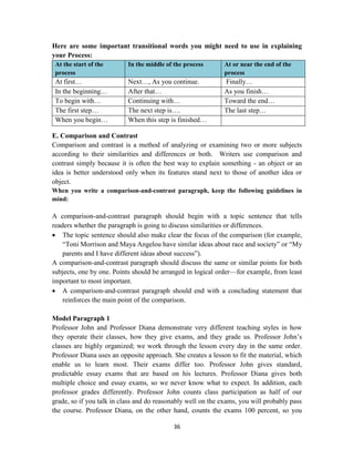 36
Here are some important transitional words you might need to use in explaining
your Process:
At the start of the
process
In the middle of the process At or near the end of the
process
At first… Next…, As you continue. Finally…
In the beginning… After that… As you finish…
To begin with… Continuing with… Toward the end…
The first step… The next step is…. The last step…
When you begin… When this step is finished…
E. Comparison and Contrast
Comparison and contrast is a method of analyzing or examining two or more subjects
according to their similarities and differences or both. Writers use comparison and
contrast simply because it is often the best way to explain something - an object or an
idea is better understood only when its features stand next to those of another idea or
object.
When you write a comparison-and-contrast paragraph, keep the following guidelines in
mind:
A comparison-and-contrast paragraph should begin with a topic sentence that tells
readers whether the paragraph is going to discuss similarities or differences.
 The topic sentence should also make clear the focus of the comparison (for example,
―Toni Morrison and Maya Angelou have similar ideas about race and society‖ or ―My
parents and I have different ideas about success‖).
A comparison-and-contrast paragraph should discuss the same or similar points for both
subjects, one by one. Points should be arranged in logical order—for example, from least
important to most important.
 A comparison-and-contrast paragraph should end with a concluding statement that
reinforces the main point of the comparison.
Model Paragraph 1
Professor John and Professor Diana demonstrate very different teaching styles in how
they operate their classes, how they give exams, and they grade us. Professor John‘s
classes are highly organized; we work through the lesson every day in the same order.
Professor Diana uses an opposite approach. She creates a lesson to fit the material, which
enable us to learn most. Their exams differ too. Professor John gives standard,
predictable essay exams that are based on his lectures. Professor Diana gives both
multiple choice and essay exams, so we never know what to expect. In addition, each
professor grades differently. Professor John counts class participation as half of our
grade, so if you talk in class and do reasonably well on the exams, you will probably pass
the course. Professor Diana, on the other hand, counts the exams 100 percent, so you
 