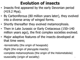 Evolution of insects
• Insects first appeared by the early Devonian period
(419.2 Mya).
• By Carboniferous (80 million years later), they evolved
into a diverse array of winged forms.
• Shortly thereafter they evolved metamorphosis.
• Then in Late Jurassic or Early Cretaceous (150–140
million years ago), the first complex societies evolved.
• Major adaptive features of the insects developed at
that time were;
-terrestriality (the origin of hexapods)
-flight (the origin of pterygote insects)
-complete metamorphosis (the origin of the Holometabola)
-eusociality (origin of sociality) 3
 