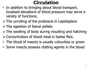 Circulation
• In addition to bringing about blood transport,
localised elevations of blood pressure may serve a
variety of functions;
 The unrolling of the proboscis in Lepidoptera
 The egestion of faecal pellets
 The swelling of body during moulting and hatching
 Concentration of blood meal in tsetse flies.
• The blood of insects is usually colourless or green
• Some insects possess clotting agents in the blood
39
 