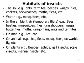 Habitats of insects
• The soil e.g., ants, termites, beetles, wasps, flies,
crickets, cockroaches, moths, fleas, etc.
• Water e.g., mosquitoes, etc.
• In the ambient air (temporary fliers) e.g., Bees,
beetles, mosquitoes, flies, grasshoppers, wasps,
butterflies, moths, dragonflies, ants and termites.
• On man e.g., lice, etc
• On animals e.g., lice, fleas, mosquitoes, ox-warble
fly, etc.
• On plants e.g., Beetles, aphids, gall insects, scale
insects, manna insects, etc.
5
 
