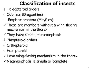 Classification of insects
1. Paleopteroid orders
• Odonata (Dragonflies)
• Emphemeroptera (Mayflies)
 These are members without a wing-flexing
mechanism in the thorax.
 They have simple metamorphosis
2. Neopteroid orders
• Orthopteroid
• Hemipteroid
 Have wing-flexing mechanism in the thorax.
 Metamorphosis is simple or complete
8
 