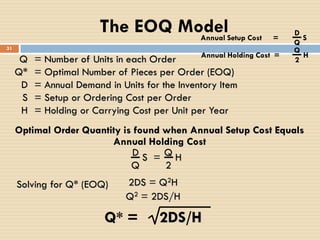 Optimal Order Quantity is found when Annual Setup Cost Equals
Annual Holding Cost
D
Q
S = HQ
2
Solving for Q* (EOQ) 2DS = Q2H
Q2 = 2DS/H
Q* = 2DS/H
The EOQ ModelAnnual Setup Cost = S
D
Q
Annual Holding Cost = H
Q
2
31
Q = Number of Units in each Order
Q* = Optimal Number of Pieces per Order (EOQ)
D = Annual Demand in Units for the Inventory Item
S = Setup or Ordering Cost per Order
H = Holding or Carrying Cost per Unit per Year
 
