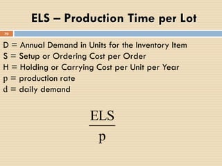 70
ELS – Production Time per Lot
p
ELS
D = Annual Demand in Units for the Inventory Item
S = Setup or Ordering Cost per Order
H = Holding or Carrying Cost per Unit per Year
p = production rate
d = daily demand
 