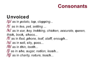 Consonants
Unvoiced
/p/ as in potato, tap, clapping...
/t/ as in tea, pet, setting ...
/k/ as in car, key, trekking, chicken, accurate, queen,
thick, book, chaos...
/f/ as in fast, phone, leaf, staff, enough...
/s/ as in sell, city, pass...
/ /θ as in thin, teeth...
/ /ʃ as in she, sugar, nation, leash...
/t /ʃ as in charity, nature, teach...
 