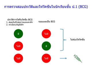 การตรวจสอบประวัติและให ้วัคซีนในนักเรียนชั้น ป.1 (BCG)
มี ไม่มี
มีไม่มี
ไม่มีไม่มี
ไม่ต ้องให ้วัคซีน
รอยแผลเป็น BCG
ประวัติการได ้รับวัคซีน BCG
1. สมุดบันทึกสุขภาพแม่และเด็ก
2. ทะเบียน/บัญชีเด็ก
 