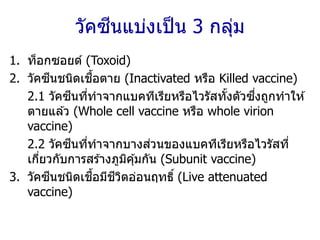 1. ท็อกซอยด์ (Toxoid)
2. วัคซีนชนิดเชื้อตาย (Inactivated หรือ Killed vaccine)
2.1 วัคซีนที่ทาจากแบคทีเรียหรือไวรัสทั้งตัวซึ่งถูกทาให ้
ตายแล ้ว (Whole cell vaccine หรือ whole virion
vaccine)
2.2 วัคซีนที่ทาจากบางส่วนของแบคทีเรียหรือไวรัสที่
เกี่ยวกับการสร ้างภูมิคุ้มกัน (Subunit vaccine)
3. วัคซีนชนิดเชื้อมีชีวิตอ่อนฤทธิ์ (Live attenuated
vaccine)
วัคซีนแบ่งเป็น 3 กลุ่ม
 