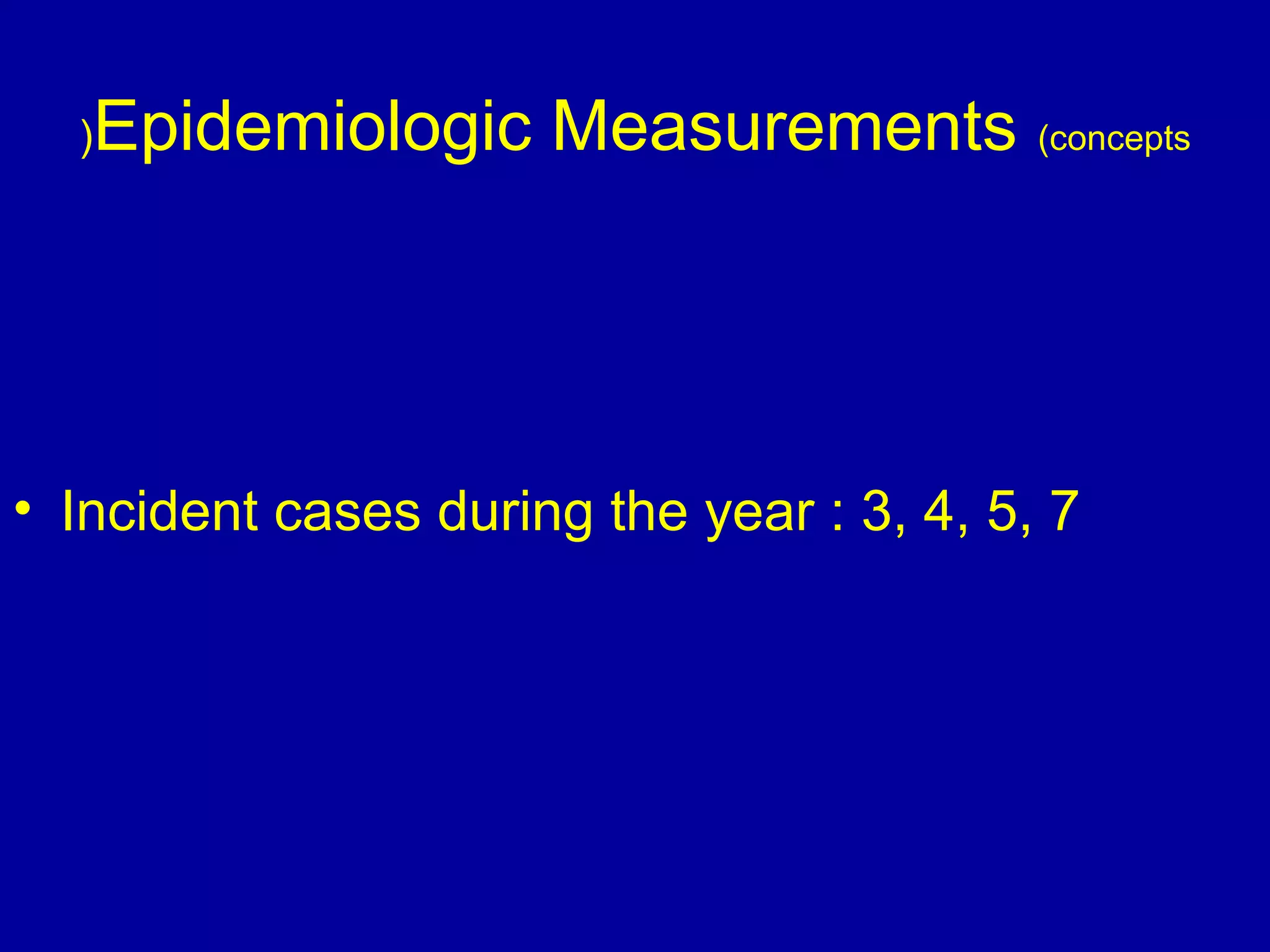 Epidemiologic Measurements (concepts)
• Incident cases during the year : 3, 4, 5, 7
 