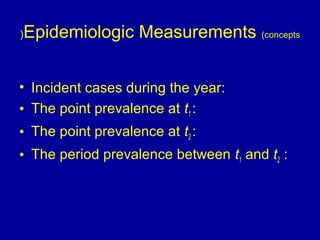 Epidemiologic Measurements (concepts)
• Incident cases during the year:
• The point prevalence at t1 :
• The point prevalence at t2 :
• The period prevalence between t1 and t2 :
 