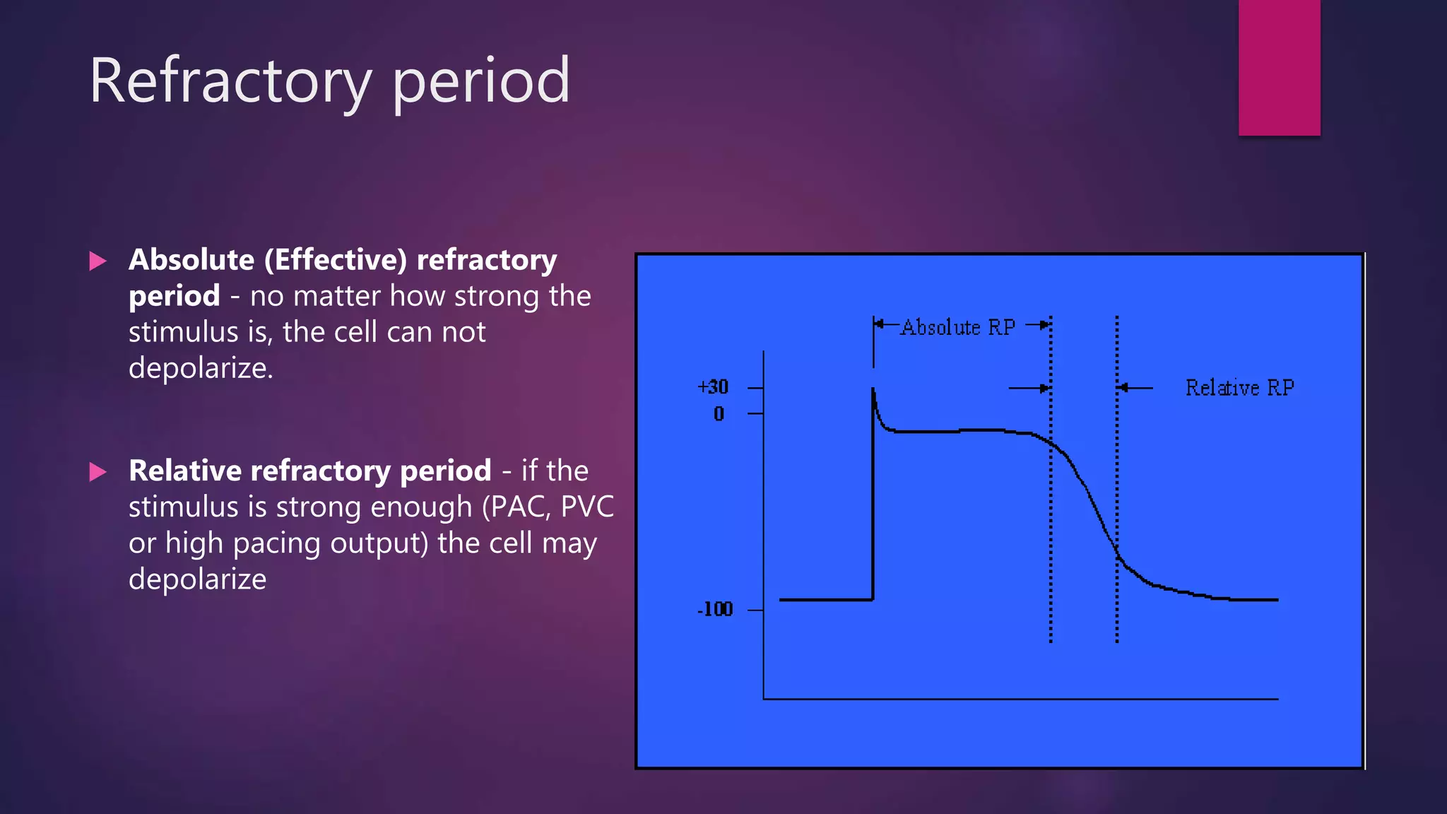 Refractory period
 Absolute (Effective) refractory
period - no matter how strong the
stimulus is, the cell can not
depolarize.
 Relative refractory period - if the
stimulus is strong enough (PAC, PVC
or high pacing output) the cell may
depolarize
 
