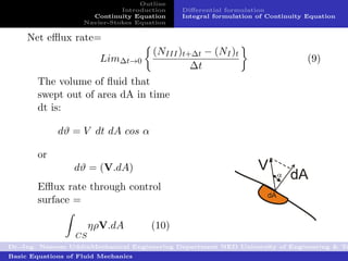 Outline
                              Introduction   Diﬀerential formulation
                      Continuity Equation    Integral formulation of Continuity Equation
                    Navier-Stokes Equation

     Net eﬄux rate=
                                      (NIII )t+∆t − (NI )t
                         Lim∆t→0                                                (9)
                                               ∆t
        The volume of ﬂuid that
        swept out of area dA in time
        dt is:

             dϑ = V dt dA cos α

        or
                  dϑ = (V.dA)
        Eﬄux rate through control
        surface =

                       ηρV.dA         (10)
                  CS
Dr.-Ing. Naseem UddinMechanical Engineering Department NED University of Engineering & Te
Basic Equations of Fluid Mechanics
 
