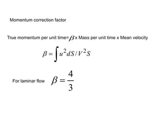 Momentum correction factor
True momentum per unit time= x Mass per unit time x Mean velocity
S
V
dS
u 2
2
/




For laminar flow
3
4


 
