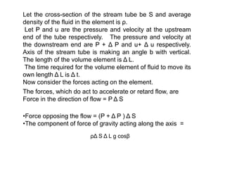 Let the cross-section of the stream tube be S and average
density of the fluid in the element is ρ.
Let P and u are the pressure and velocity at the upstream
end of the tube respectively. The pressure and velocity at
the downstream end are P + Δ P and u+ Δ u respectively.
Axis of the stream tube is making an angle b with vertical.
The length of the volume element is Δ L.
The time required for the volume element of fluid to move its
own length Δ L is Δ t.
Now consider the forces acting on the element.
The forces, which do act to accelerate or retard flow, are
Force in the direction of flow = P Δ S
•Force opposing the flow = (P + Δ P ) Δ S
•The component of force of gravity acting along the axis =
ρΔ S Δ L g cosβ
 