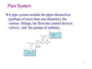 Pipe System
3
A pipe system include the pipes themselves
(perhaps of more than one diameter), the
various fittings, the flowrate control devices
valves) , and the pumps or turbines.
 