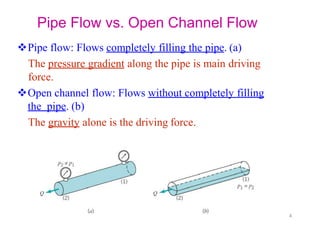 Pipe Flow vs. Open Channel Flow
4
Pipe flow: Flows completely filling the pipe. (a)
The pressure gradient along the pipe is main driving
force.
Open channel flow: Flows without completely filling
the pipe. (b)
The gravity alone is the driving force.
 