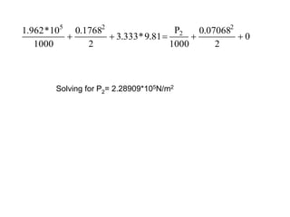 0
2
07068
.
0
1000
P
81
.
9
*
333
.
3
2
1768
.
0
1000
10
*
962
.
1 2
2
2
5





Solving for P2= 2.28909*105N/m2
 