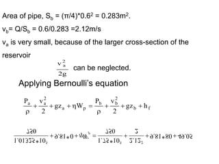 Area of pipe, Sb = (π/4)*0.62 = 0.283m2.
vb= Q/Sb = 0.6/0.283 =2.12m/s
va is very small, because of the larger cross-section of the
reservoir
g
2
v 2
a
can be neglected.
Applying Bernoulli’s equation
f
b
2
b
b
p
a
2
a
a
h
gz
2
v
P
W
gz
2
v
P










05
.
49
80
*
81
.
9
2
12
.
2
750
10
*
75
.
1
0
*
81
.
9
750
10
*
01325
.
1 2
5
5





 p
W

 