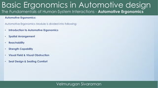 Automotive Ergonomics:
Automotive Ergonomics Module is divided into following:
• Introduction to Automotive Ergonomics
• Spatial Arrangement
• Reachability
• Strength Capability
• Visual Field & Visual Obstruction
• Seat Design & Seating Comfort
 