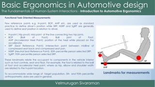 Functional Task Oriented Measurements:
Few reference points e.g. H-point, BOF, AHP etc. are used as standard
practice to define driver’s position while SRP, NSRP and SgRP are generally
used to define seat position in relation to driver.
• H-point ( Hip pivot): Mid point of the line connecting two hip joints.
• BOF (Ball of Foot): Ball joint of Foot.
AHP (Accelerator Heel Point): position of the heel while placed on the
accelerator.
• SRP (Seat Reference Point): Intersection point between midline of
compressed seat back and compressed seat pan.
• NSRP (Neutral Seat Reference Point): 50th percentile person selected SRP.
• SgRP: 95th percentile person selected SRP.
These landmarks relate the occupant to components in the vehicle interior
such as foot controls, seat and floor. For example, the foot is related to the ball
of foot and accelerator heel point, where as hip, elbow and shoulder width
are related to the h-point location.
To accommodate wide range of target population, 5th and 95th percentile
anthropometric data are used in general.
Landmarks for measurements
 