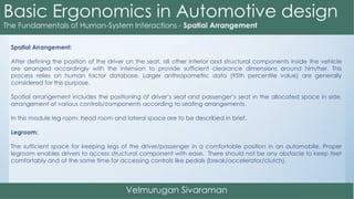 Spatial Arrangement:
After defining the position of the driver on the seat, all other interior and structural components inside the vehicle
are arranged accordingly with the intension to provide sufficient clearance dimensions around him/her. This
process relies on human factor database. Larger anthropometric data (95th percentile value) are generally
considered for this purpose.
Spatial arrangement includes the positioning of driver’s seat and passenger’s seat in the allocated space in side,
arrangement of various controls/components according to seating arrangements.
In this module leg room, head room and lateral space are to be described in brief.
Legroom:
The sufficient space for keeping legs of the driver/passenger in a comfortable position in an automobile. Proper
legroom enables drivers to access structural component with ease. There should not be any obstacle to keep feet
comfortably and at the same time for accessing controls like pedals (break/accelerator/clutch).
 