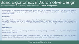 Measurement of horizontal distance between H-Point and AHP is useful for this purpose. Care should be taken to
ensure that any parts of lower body like thighs/knees should not touch with steering wheel or dash board or any
other component.
Headroom:
The height. It is the vertical clearance space above the head of driver/passenger in an automobile. A minimum 5.0
cm head clearance for jolt in a vehicle is recommended (Galer 1987, Woodson et al. 1992). In vehicular
workstation, available head clearance must be sufficient for wearing and removing the helmet in seated posture in
seat.
Lateral Space:
Lateral space is the space pertaining to the side of driver/passenger. Lateral space is important for physical or
psychological comfort.
Conventionally, 95th percentile bi-deltoid breadth of the population with an additional allowance of 10% on each
side can be considered adequate for lateral clearance during normal sitting side by side.
 