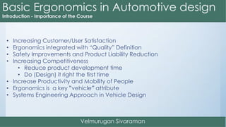 • Increasing Customer/User Satisfaction
• Ergonomics integrated with “Quality” Definition
• Safety Improvements and Product Liability Reduction
• Increasing Competitiveness
• Reduce product development time
• Do (Design) it right the first time
• Increase Productivity and Mobility of People
• Ergonomics is a key “vehicle” attribute
• Systems Engineering Approach in Vehicle Design
 