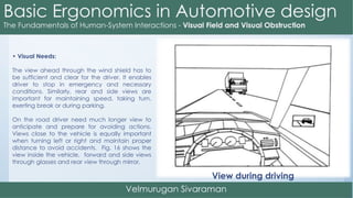 • Visual Needs:
The view ahead through the wind shield has to
be sufficient and clear for the driver. It enables
driver to stop in emergency and necessary
conditions. Similarly, rear and side views are
important for maintaining speed, taking turn,
exerting break or during parking.
On the road driver need much longer view to
anticipate and prepare for avoiding actions.
Views close to the vehicle is equally important
when turning left or right and maintain proper
distance to avoid accidents. Fig. 16 shows the
view inside the vehicle, forward and side views
through glasses and rear view through mirror.
View during driving
 
