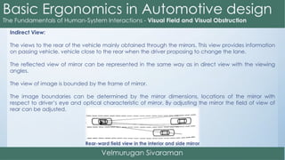 Indirect View:
The views to the rear of the vehicle mainly obtained through the mirrors. This view provides information
on passing vehicle, vehicle close to the rear when the driver proposing to change the lane.
The reflected view of mirror can be represented in the same way as in direct view with the viewing
angles.
The view of image is bounded by the frame of mirror.
The image boundaries can be determined by the mirror dimensions, locations of the mirror with
respect to driver’s eye and optical characteristic of mirror. By adjusting the mirror the field of view of
rear can be adjusted.
Rear-ward field view in the interior and side mirror
 