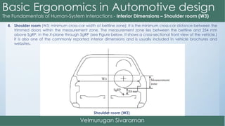 8. Shoulder room (W3; minimum cross-car width at beltline zone): It is the minimum cross-car distance between the
trimmed doors within the measurement zone. The measurement zone lies between the beltline and 254 mm
above SgRP, in the X-plane through SgRP (see Figure below. It shows a cross-sectional front view of the vehicle.)
It is also one of the commonly reported interior dimensions and is usually included in vehicle brochures and
websites.
Shoulder room (W3)
 