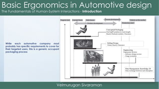 While each automotive company most
probably has specific requirements to cover for
their targeted users, this is a generic occupant
packaging process
 