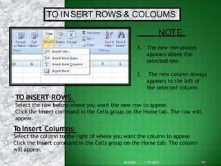 TO INSERT ROWS & COLOUMS
TO INSERT ROWS:
Select the row below where you want the new row to appear.
Click the Insert command in the Cells group on the Home tab. The row will
appear.
To Insert Columns:
Select the column to the right of where you want the column to appear.
Click the Insert command in the Cells group on the Home tab. The column
will appear.
14
MS EXCEL 1/19/2013
NOTE:
1. The new row always
appears above the
selected row.
2. The new column always
appears to the left of
the selected column.
 