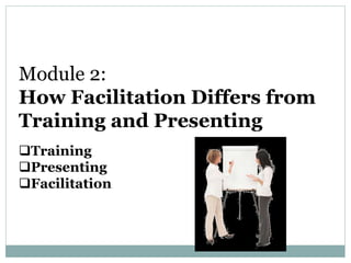 Module 2:
How Facilitation Differs from
Training and Presenting
Training
Presenting
Facilitation

 