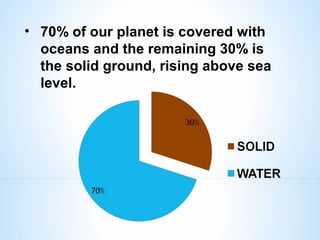 • 70% of our planet is covered with
oceans and the remaining 30% is
the solid ground, rising above sea
level.
 