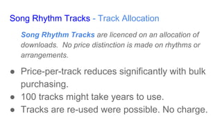 Song Rhythm Tracks - Track Allocation
Song Rhythm Tracks are licenced on an allocation of
downloads. No price distinction is made on rhythms or
arrangements.
● Price-per-track reduces significantly with bulk
purchasing.
● 100 tracks might take years to use.
● Tracks are re-used were possible. No charge.
 