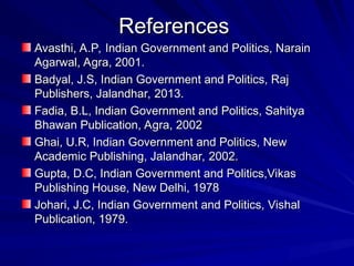 References
References
Avasthi, A.P, Indian Government and Politics, Narain
Avasthi, A.P, Indian Government and Politics, Narain
Agarwal, Agra, 2001.
Agarwal, Agra, 2001.
Badyal, J.S, Indian Government and Politics, Raj
Badyal, J.S, Indian Government and Politics, Raj
Publishers, Jalandhar, 2013.
Publishers, Jalandhar, 2013.
Fadia, B.L, Indian Government and Politics, Sahitya
Fadia, B.L, Indian Government and Politics, Sahitya
Bhawan Publication, Agra, 2002
Bhawan Publication, Agra, 2002
Ghai, U.R, Indian Government and Politics, New
Ghai, U.R, Indian Government and Politics, New
Academic Publishing, Jalandhar, 2002.
Academic Publishing, Jalandhar, 2002.
Gupta, D.C, Indian Government and Politics,Vikas
Gupta, D.C, Indian Government and Politics,Vikas
Publishing House, New Delhi, 1978
Publishing House, New Delhi, 1978
Johari, J.C, Indian Government and Politics, Vishal
Johari, J.C, Indian Government and Politics, Vishal
Publication, 1979.
Publication, 1979.
 
