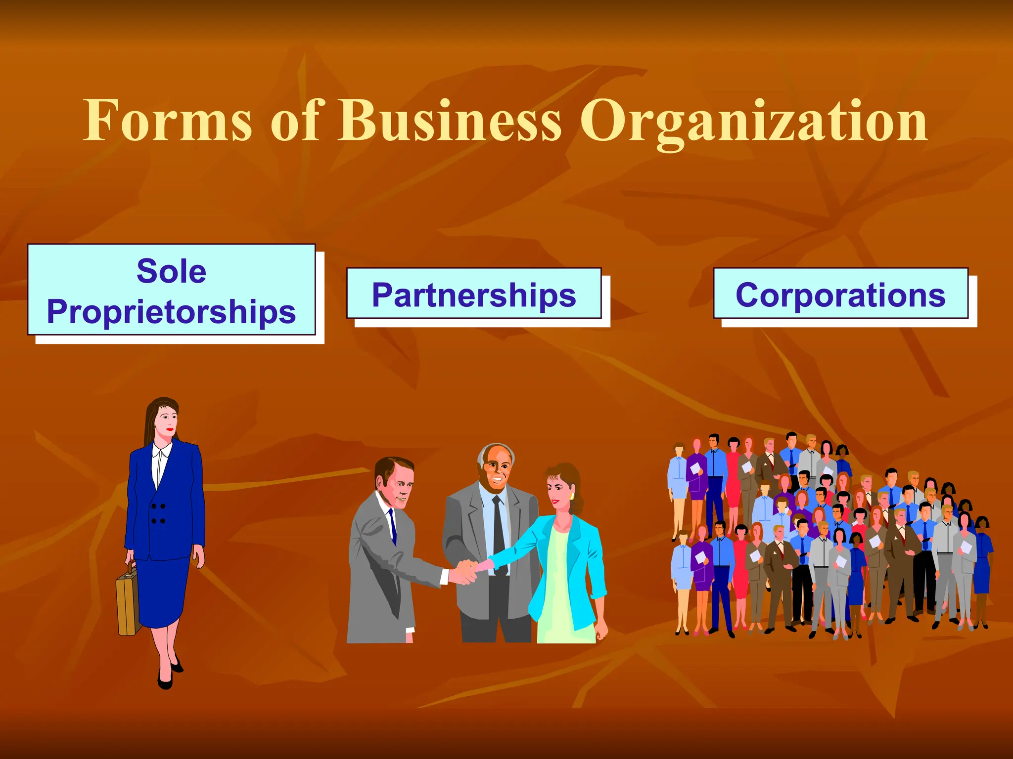Forms of Business Organization
Sole
Proprietorships Partnerships Corporations
 