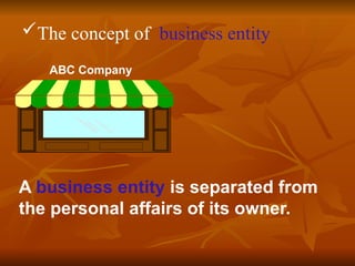The concept of business entity
ABC Company
A business entity is separated from
the personal affairs of its owner.
 