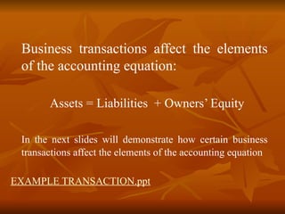 Business transactions affect the elements
of the accounting equation:
Assets = Liabilities + Owners’ Equity
In the next slides will demonstrate how certain business
transactions affect the elements of the accounting equation
EXAMPLE TRANSACTION.ppt
 