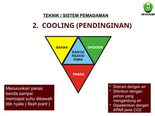 2. COOLING (PENDINGINAN)
Menurunkan panas
benda sampai
mencapai suhu dibawah
titik nyala ( flash point )
• Disiram dengan air
• Ditimbun dengan
pohon yang
mengandung air
• Dipadamkan dengan
APAR jenis CO2
TEKNIK / SISTEM PEMADAMAN
 