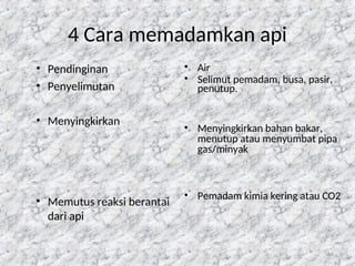 66
4 Cara memadamkan api
• Pendinginan
• Penyelimutan
• Menyingkirkan
• Memutus reaksi berantai
dari api
• Air
• Selimut pemadam, busa, pasir,
penutup.
• Menyingkirkan bahan bakar,
menutup atau menyumbat pipa
gas/minyak
• Pemadam kimia kering atau CO2
 