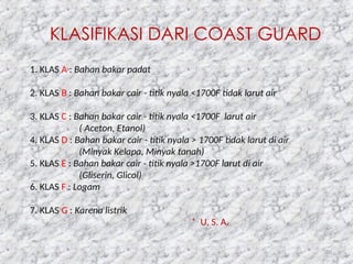 70
KLASIFIKASI DARI COAST GUARD
1. KLAS A : Bahan bakar padat
2. KLAS B : Bahan bakar cair - titik nyala <1700F tidak larut air
3. KLAS C : Bahan bakar cair - titik nyala <1700F larut air
( Aceton, Etanol)
4. KLAS D : Bahan bakar cair - titik nyala > 1700F tidak larut di air
(Minyak Kelapa, Minyak tanah)
5. KLAS E : Bahan bakar cair - titik nyala >1700F larut di air
(Gliserin, Glicol)
6. KLAS F : Logam
7. KLAS G : Karena listrik
* U. S. A.
 