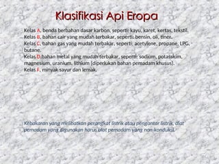 71
Klasifikasi Api Eropa
Klasifikasi Api Eropa
Kelas A, benda berbahan dasar karbon, seperti: kayu, karet, kertas, tekstil.
Kelas B, bahan cair yang mudah terbakar, seperti: bensin, oli, tiner.
Kelas C, bahan gas yang mudah terbakar, seperti: acetylene, propane, LPG,
butane.
Kelas D,bahan metal yang mudah terbakar, seperti: sodium, potassium,
magnesium, uranium, lithium (diperlukan bahan pemadam khusus).
Kelas F, minyak sayur dan lemak.
Kebakaran yang melibatkan perangkat listrik atau pengantar listrik, alat
pemadam yang digunakan harus alat pemadam yang non-konduksi.
 