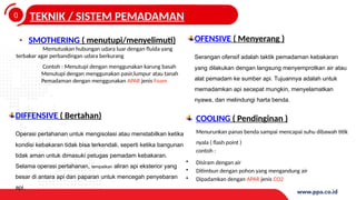 0
4
TEKNIK / SISTEM PEMADAMAN
SMOTHERING ( menutupi/menyelimuti)
Memutuskan hubungan udara luar dengan fluida yang
terbakar agar perbandingan udara berkurang
Contoh : Menutupi dengan menggunakan karung basah
Menutupi dengan menggunakan pasir,lumpur atau tanah
Pemadaman dengan menggunakan APAR jenis Foam
COOLING ( Pendinginan )
Menurunkan panas benda sampai mencapai suhu dibawah titik
nyala ( flash point )
contoh :
• Disiram dengan air
• Ditimbun dengan pohon yang mengandung air
• Dipadamkan dengan APAR jenis CO2
DIFFENSIVE ( Bertahan)
Operasi pertahanan untuk mengisolasi atau menstabilkan ketika
kondisi kebakaran tidak bisa terkendali, seperti ketika bangunan
tidak aman untuk dimasuki petugas pemadam kebakaran.
Selama operasi pertahanan, tempatkan aliran api eksterior yang
besar di antara api dan paparan untuk mencegah penyebaran
api.
OFENSIVE ( Menyerang )
Serangan ofensif adalah taktik pemadaman kebakaran
yang dilakukan dengan langsung menyemprotkan air atau
alat pemadam ke sumber api. Tujuannya adalah untuk
memadamkan api secepat mungkin, menyelamatkan
nyawa, dan melindungi harta benda.
 