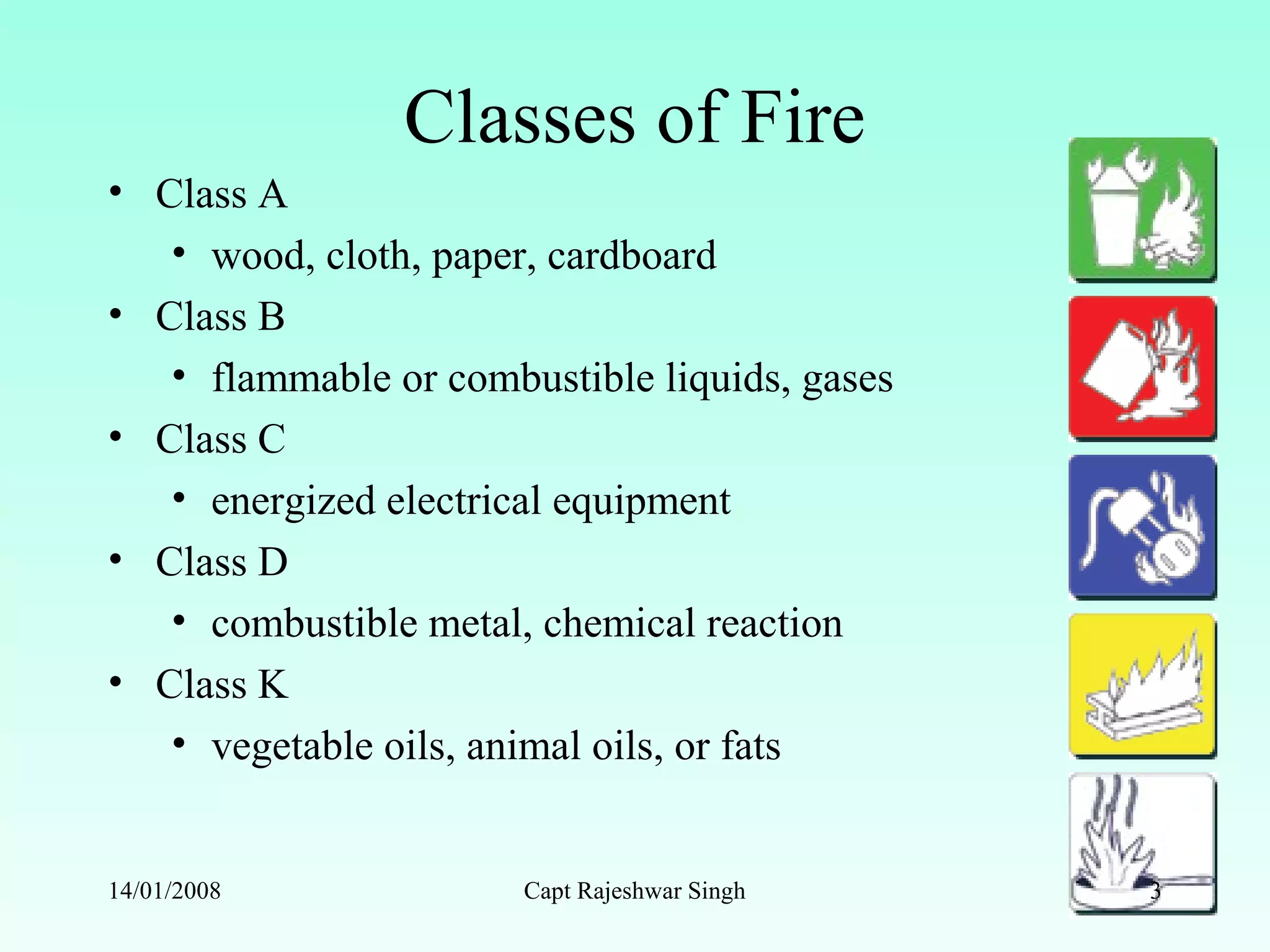 Classes of Fire
• Class A
• wood, cloth, paper, cardboard
• Class B
• flammable or combustible liquids, gases
• Class C
• energized electrical equipment
• Class D
• combustible metal, chemical reaction
• Class K
• vegetable oils, animal oils, or fats
14/01/2008 Capt Rajeshwar Singh 3
 