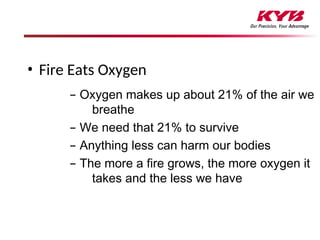 • Fire Eats Oxygen
– Oxygen makes up about 21% of the air we
breathe
– We need that 21% to survive
– Anything less can harm our bodies
– The more a fire grows, the more oxygen it
takes and the less we have
 