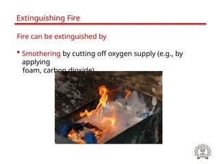 Fire can be extinguished by
• Smothering by cutting off oxygen supply (e.g., by
applying
foam, carbon dioxide).
Extinguishing Fire
 