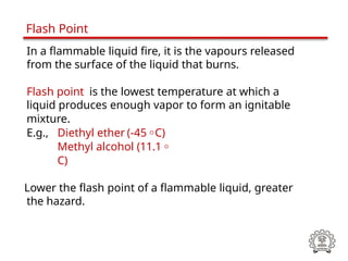 In a flammable liquid fire, it is the vapours released
from the surface of the liquid that burns.
Flash point is the lowest temperature at which a
liquid produces enough vapor to form an ignitable
mixture.
E.g., Diethyl ether (-45 O C)
Methyl alcohol (11.1 O
C)
Lower the flash point of a flammable liquid, greater
the hazard.
Flash Point
 