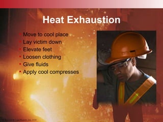 © Business & Legal Reports, Inc. 1110
Heat Exhaustion
• Move to cool place
• Lay victim down
• Elevate feet
• Loosen clothing
• Give fluids
• Apply cool compresses
© Business & Legal Reports, Inc. 1110
 