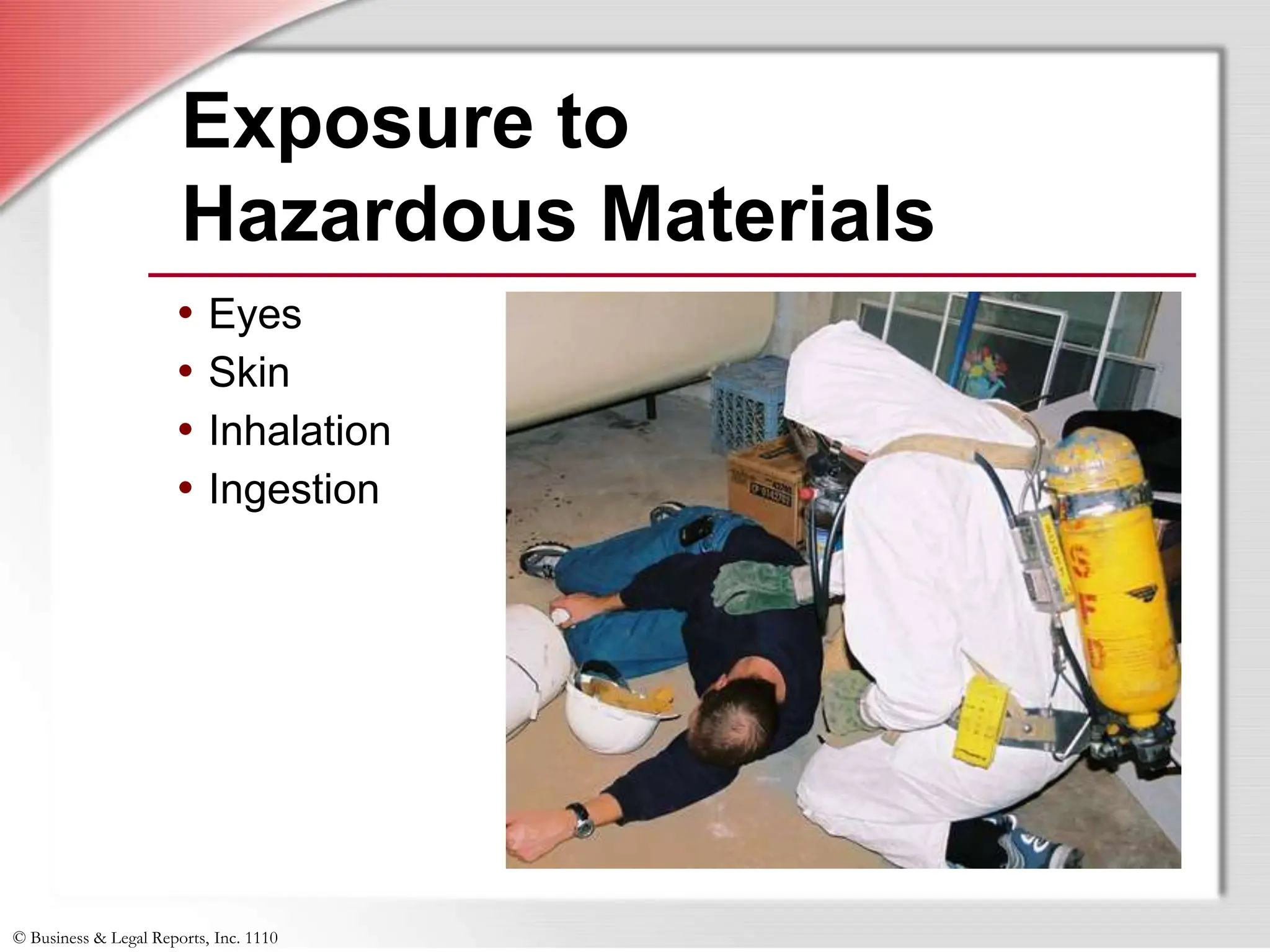 © Business & Legal Reports, Inc. 1110
• Eyes
• Skin
• Inhalation
• Ingestion
Exposure to
Hazardous Materials
• Eyes
• Skin
• Inhalation
• Ingestion
 
