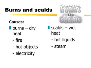 Causes: burns – dry heat - fire - hot objects - electricity Burns and scalds scalds – wet heat - hot liquids - steam 